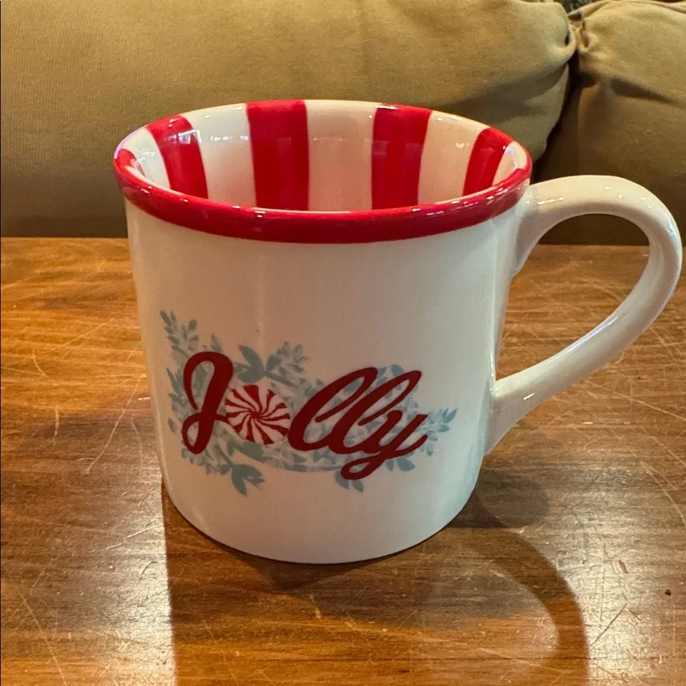 NEW Starbucks Holiday 2007 Christmas JOLLY Coffee Mug Peppermint Stripe Red Y2K